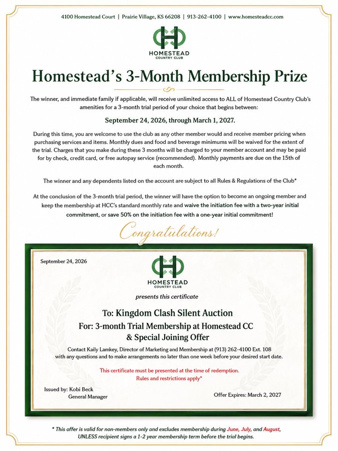 Homestead Country Club certificate for a three month trial membership