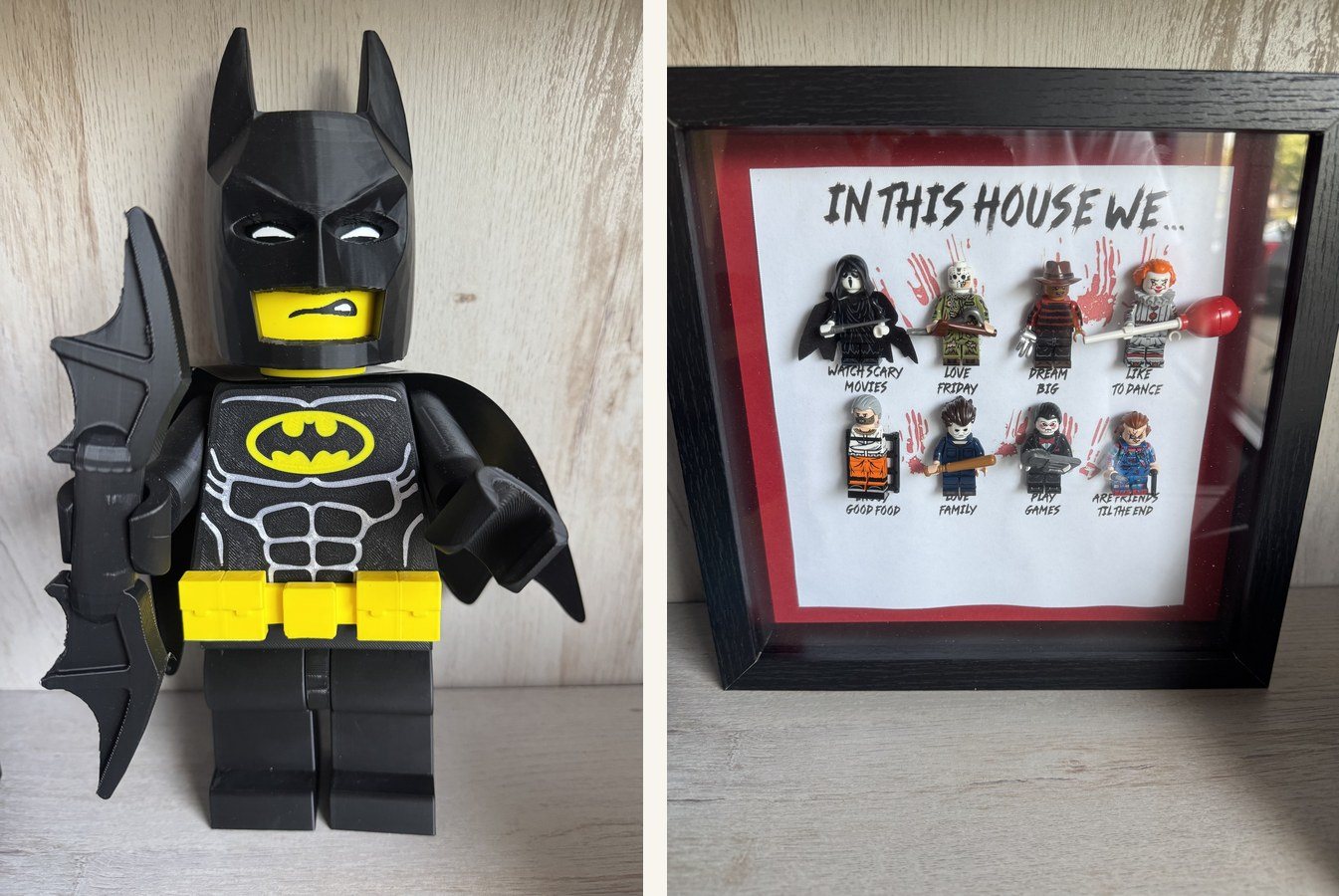 A LEGO Batman minifigure and a framed LEGO horror-movie villain picture box