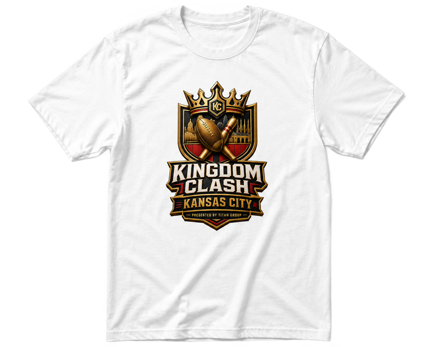 Kingdom Clash event t-shirt, white with the full crest logo printed on the chest