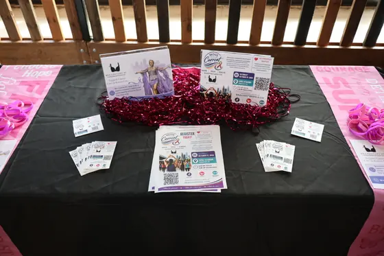 A pink decorated table with brochures